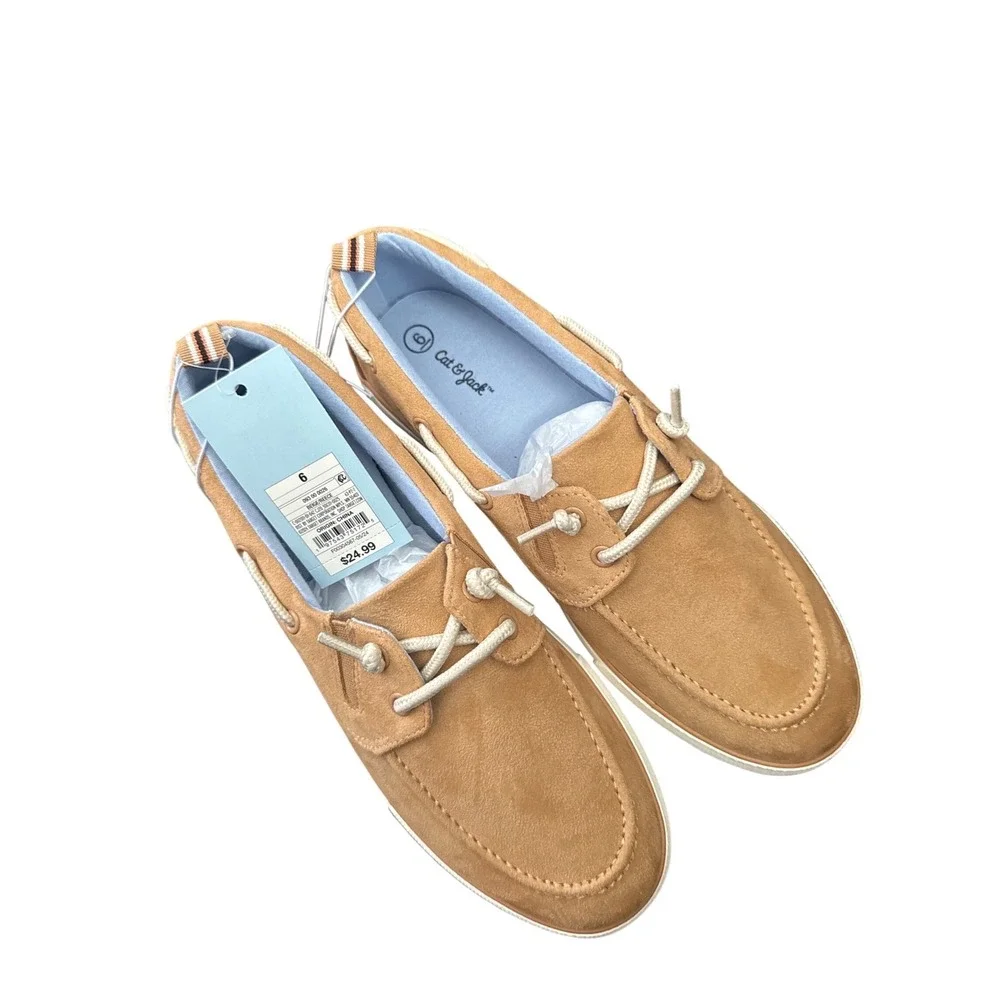 Cat & Jack Boys‎ Tan Boat Shoes Faux Suede Moc Toe Loafers Size 6 Kids NEW